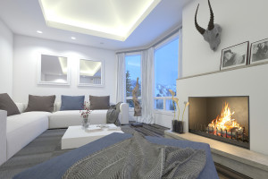 3D Rendering of Upmarket living room interior with a blazing fir